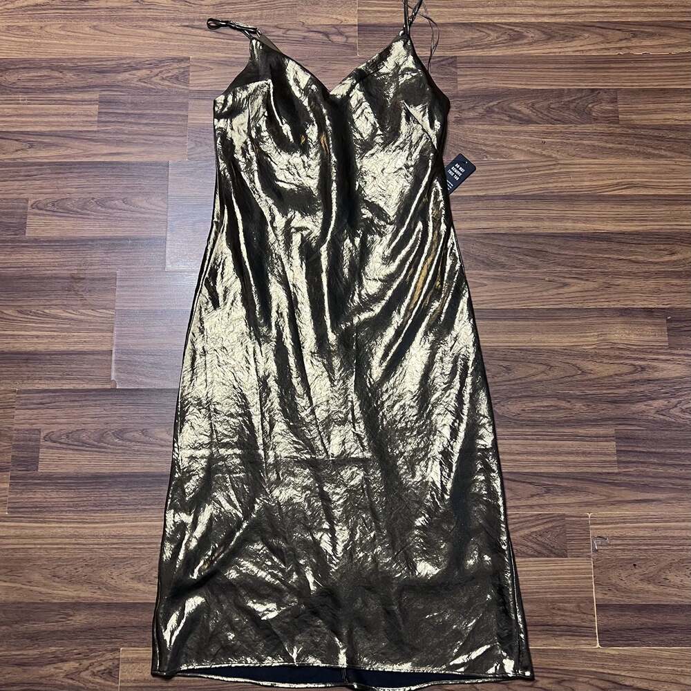Metallic Gold Dress V-neck Downtown Cami Midi Slip Formal Dress